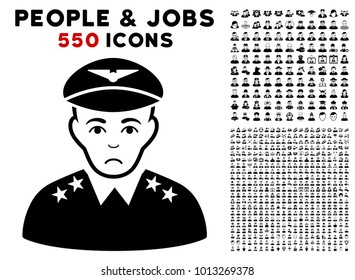 Dolor Military Pilot Officer pictograph with 550 bonus pity and glad user symbols. Vector illustration style is flat black iconic symbols.