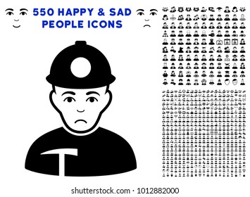 Dolor Miner pictograph with 550 bonus pitiful and glad men design elements. Vector illustration style is flat black iconic symbols.