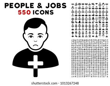 Dolor Orthodox Priest pictograph with 550 bonus pitiful and happy people pictographs. Vector illustration style is flat black iconic symbols.