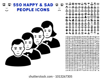 Dolor People Queue icon with 550 bonus pitiful and happy person icons. Vector illustration style is flat black iconic symbols.