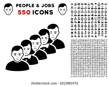 Dolor People Queue pictograph with 550 bonus pitiful and glad people symbols. Vector illustration style is flat black iconic symbols.