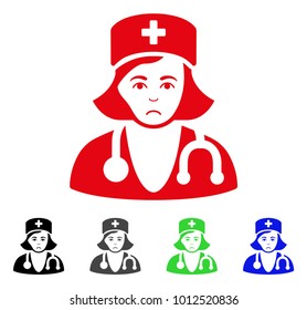 Dolor Physician Lady vector icon. Vector illustration style is a flat iconic physician lady symbol with gray, black, blue, red, green color variants. Face has dolour emotions.