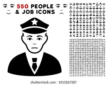 Dolor Policeman pictograph with 550 bonus pitiful and glad people icons. Vector illustration style is flat black iconic symbols.