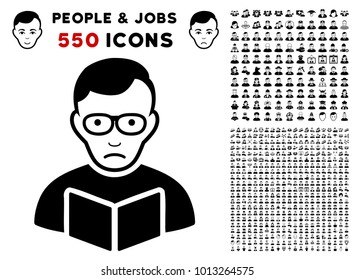 Dolor Reader Student icon with 550 bonus sad and happy people pictures. Vector illustration style is flat black iconic symbols.