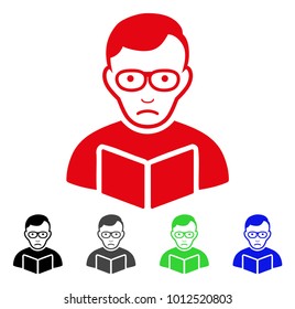 Dolor Reader Student vector pictograph. Vector illustration style is a flat iconic reader student symbol with grey, black, blue, red, green color variants. Face has desperate expression.
