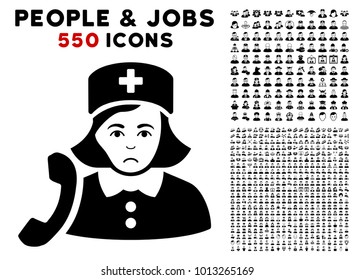 Dolor Receptionist Nurse pictograph with 550 bonus pity and happy men graphic icons. Vector illustration style is flat black iconic symbols.