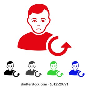 Dolor Refresh User vector pictograph. Vector illustration style is a flat iconic refresh user symbol with grey, black, blue, red, green color variants. Face has pitiful emotion.