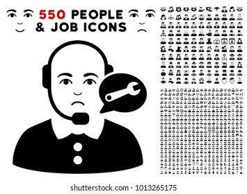 Dolor Service Center Lady Operator icon with 550 bonus pity and glad jobs pictograms. Vector illustration style is flat black iconic symbols.