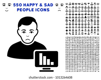 Dolor Stock Trader icon with 550 bonus pitiful and happy men icons. Vector illustration style is flat black iconic symbols.