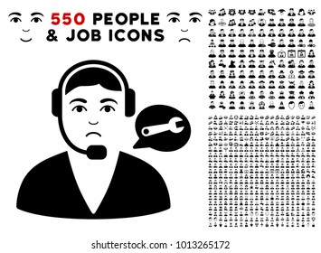 Dolor Support Center Operator icon with 550 bonus pitiful and happy jobs graphic icons. Vector illustration style is flat black iconic symbols.