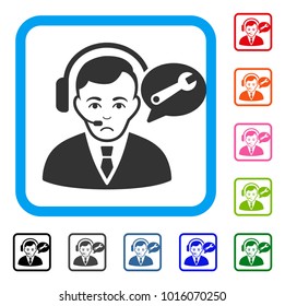 Dolor Support Manager vector pictograph. Person face has sadness emotions. Black, grey, green, blue, red, orange color variants of support manager symbol inside a rounded square.