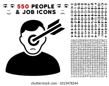 Dolor Target Man pictograph with 550 bonus sad and glad people images. Vector illustration style is flat black iconic symbols.