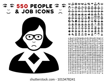 Dolor Teacher Lady pictograph with 550 bonus sad and glad people pictures. Vector illustration style is flat black iconic symbols.