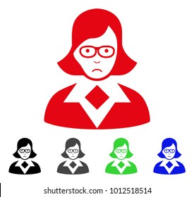 Dolor Teacher Lady vector pictogram. Vector illustration style is a flat iconic teacher lady symbol with gray, black, blue, red, green color versions. Face has sadness sentiment.