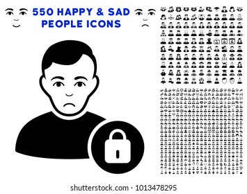 Dolor User Lock pictograph with 550 bonus pity and glad people icons. Vector illustration style is flat black iconic symbols.