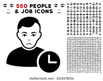 Dolor User Time pictograph with 550 bonus pity and happy jobs clip art. Vector illustration style is flat black iconic symbols.