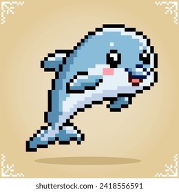 Dolphin in 8 bit pixel art. Animals for games assets and cross stitch patterns in vector illustration