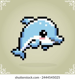 Dolphin in 8 bit pixel art. Animals for games assets and cross stitch patterns in vector illustration