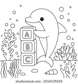 Dolphin with abc coloring page. Funny animal illustration colouring for kids