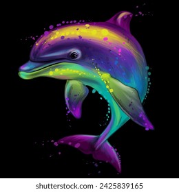 Dolphin. Abstract, multicolored, graphic image of a dolphin in watercolor style on a black background. Digital vector graphics