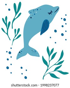 Dolphin and algae. Dolphin Floating Among Sea Weeds. Sea Animal and Wild Underwater Fauna Concept. Marine aquatic mammal animal. Cute Vector flat illustration