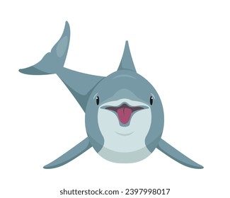 Vista frontal de animales delfines. Icono de delfines de natación lindo aislado en fondo blanco. Animal acuático oceánico. Ilustración vectorial o caricatura.