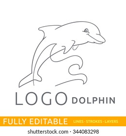 Dolphin. Animal. Logo template. Fully editable outlines, saved lines and layers. Sketch hand drawn design of logo. Modern vector concept.