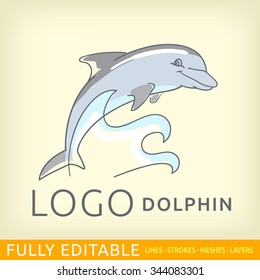 Dolphin. Animal. Logo template. Fully editable outlines, saved lines and layers. Sketch hand drawn design of logo. Modern vector concept.