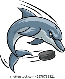 Dolphin animal mean tough ice hockey sports team mascot hitting a hockey puck ball