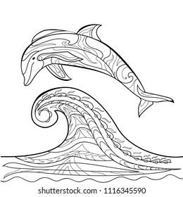 Dolphin, animal world, coloring page, coloring book, pattern, line, black and white pattern for relaxation