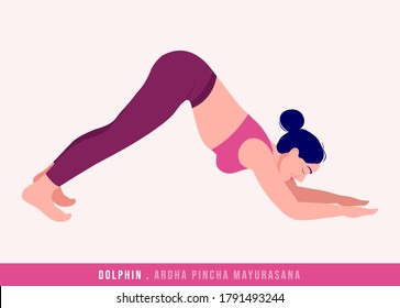 Dolphin - Ardha Pincha Mayurasana Yoga pose. Young woman practicing yoga / exercise. Woman workout fitness, aerobic and exercises. Vector Illustration.