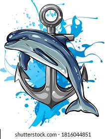 dolphin around an anchor with a rope, an ancient symbol of the sea, vector illustration