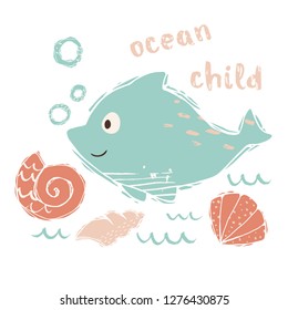 Dolphin baby cute print. Sweet sea animal. Ocean baby - text slogan. Cool ocean animal illustration for nursery t-shirt, kids apparel, party and baby shower invitation. Simple summer child design.