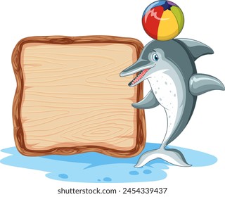 Dolphin balancing a ball beside a wooden sign.