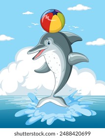 Dolphin balancing a colorful ball in water