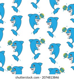 dolphin with ball illustration on white background. seamless pattern, hand drawn vector. blue color. cute character with smiley face. doodle art for wrapping paper and gift, baby clothes, fabric. 