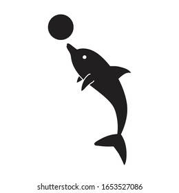 Dolphin with ball vector icon.Black vector icon isolated on white background dolphin with ball .