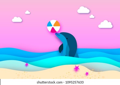 Dolphin and beach ball in the sea in paper cut style. Origami layered beautiful seascape and sky. Hawaii Pacific Ocean wildlife scenery. Marine animals in natural habitat.