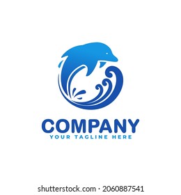dolphin and beach in circle style logo