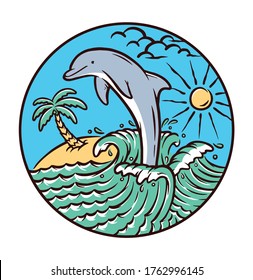 Ilustración del vector de delfín y playa