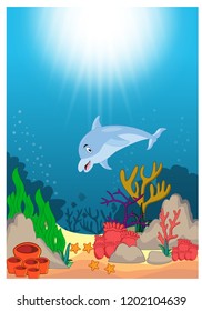 Dolphin in Beautiful Underwater World Cartoon