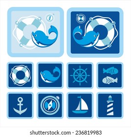 The Dolphin.  In the big picture depicted fun Dolphin on the background of a rescue and compass. On small images are images of sea subjects and objects. For Polygraphy, web-sites and textiles. 