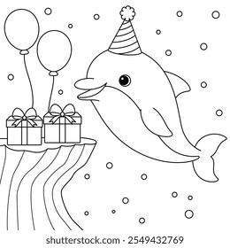 Página para colorir de golfinhos e festas de aniversário. Engraçado animal ilustração coloração 