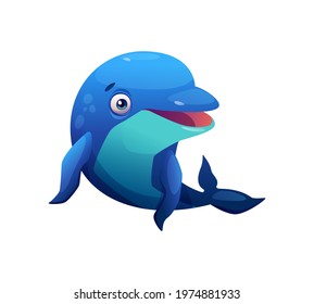 Dolphin blue cartoon animal isolated marine wildlife fish isolated on white. Vector jumping or leaping undersea aquatic creature illustration, playful bottlenose dolphin, childish kids toy