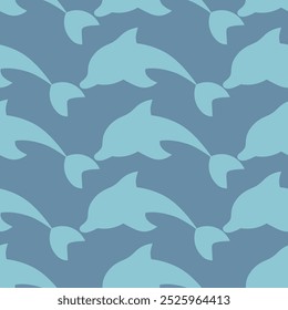 Dolphin. Blue sea mammal. Endless vector pattern. Repeating ornament of diving sea mammals. Isolated blue background. Flat style. Ocean inhabitant with fins and tail. Web design idea.