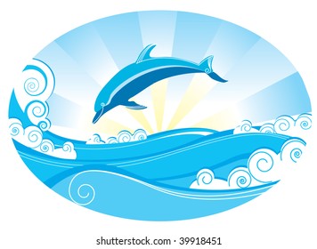 Dolphin and blue sea.Vector image