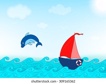 dolphin and boat, childish background