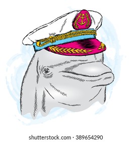Dolphin in the captain's cap. Vector illustration.