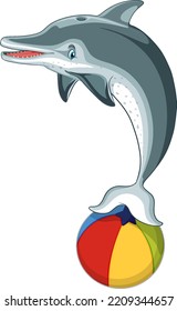 Dolphin cartoon character with colourful beach ball illustration