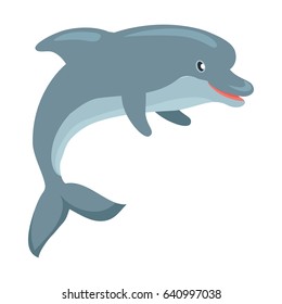 Dolphin cartoon character. Cute dolphin flat vector isolated on white background. Aquatic fauna. Dolphin icon. Animal illustration for zoo, dolphinarium ad, nature concept, children book illustrating